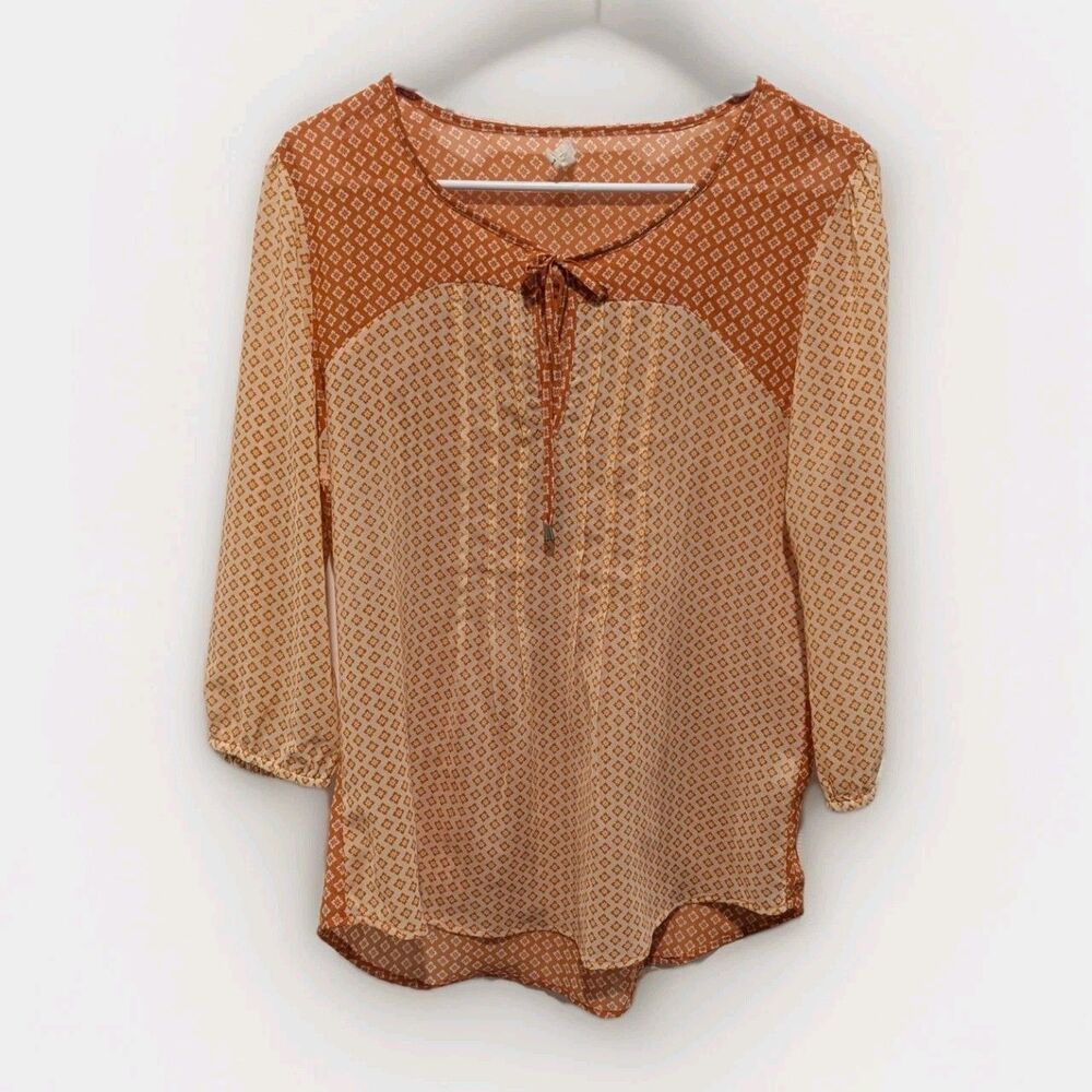Ethnic Fusion Orange & Cream Boho Western Prairie Blouse Smocked Tassel Tie